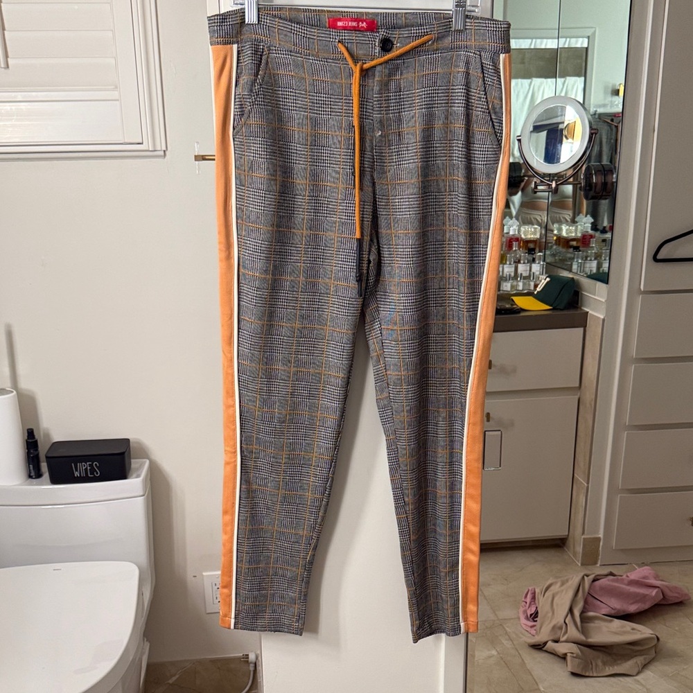 SHEIN Men's Gray Checkered Pants with Orange Stripes